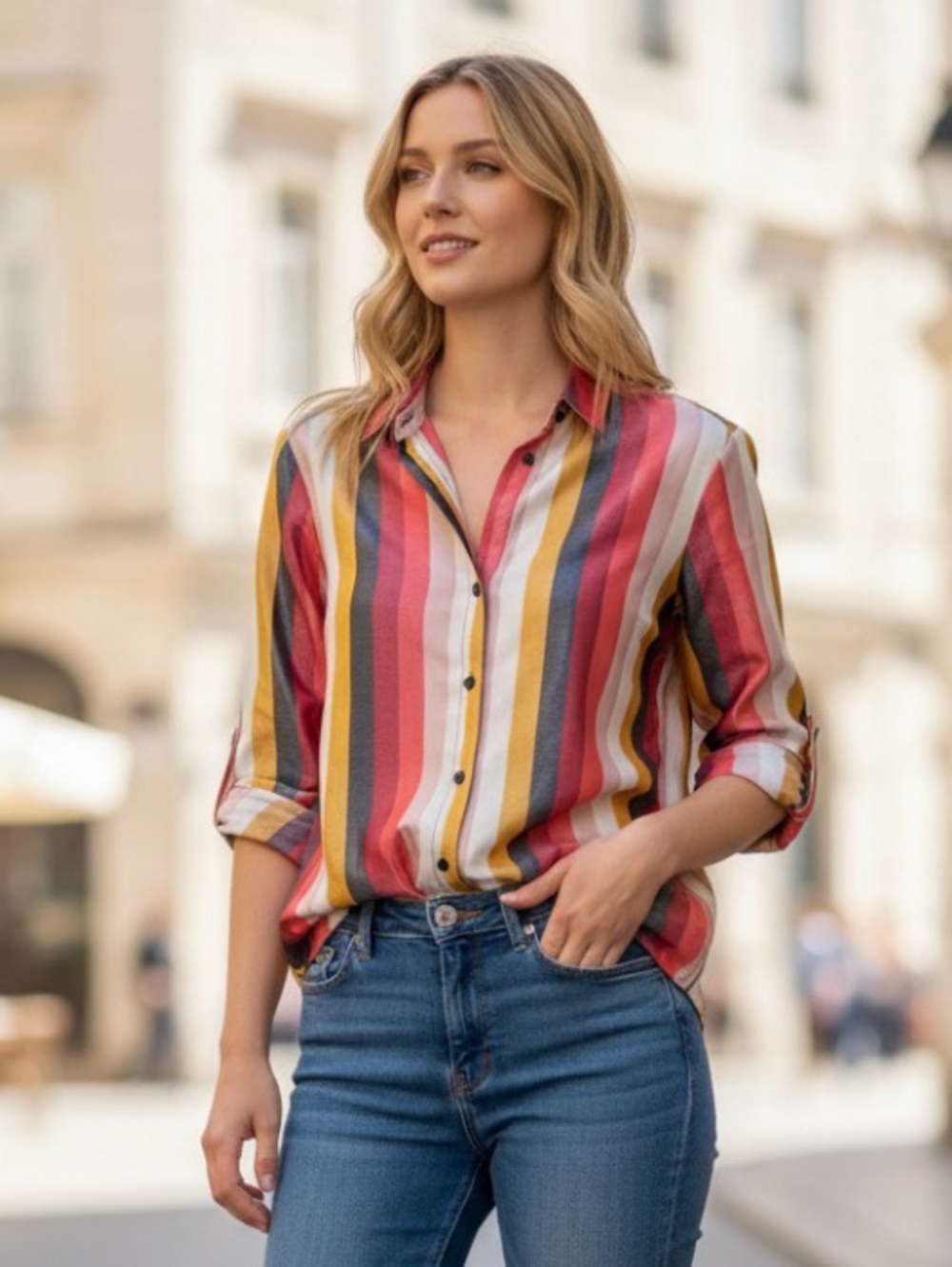 Express Multicolor Vertical Stripe Shirt - Pink, Yellow, Black, White - Picture 3 of 10
